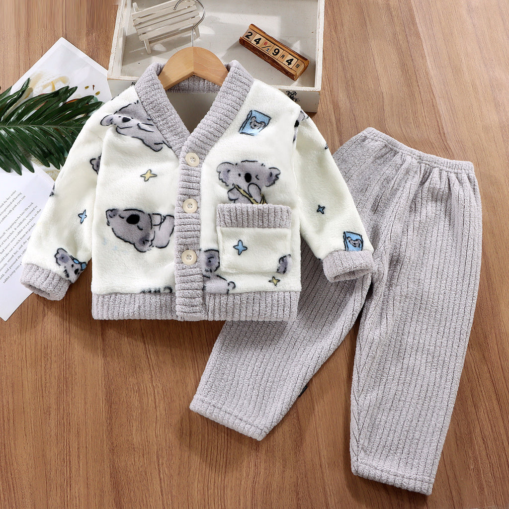 Vêtements de maison pour enfants Garçons et filles Manteau de pyjama en flanelle, épais, chaud, deux pièces