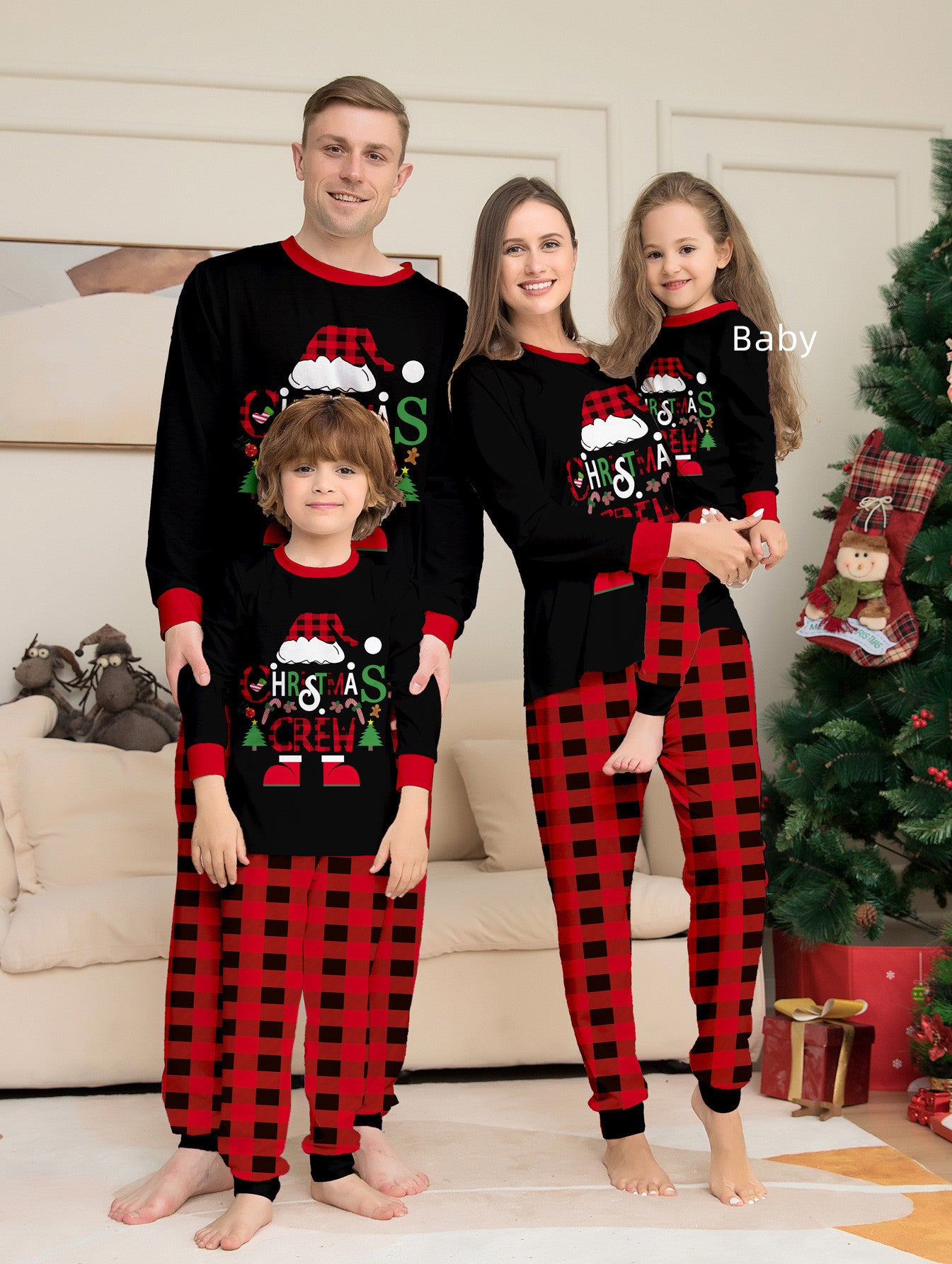 Chapeau de Noël Lettres de dessins animés Plaid rouge et noir imprimé costume de Noël