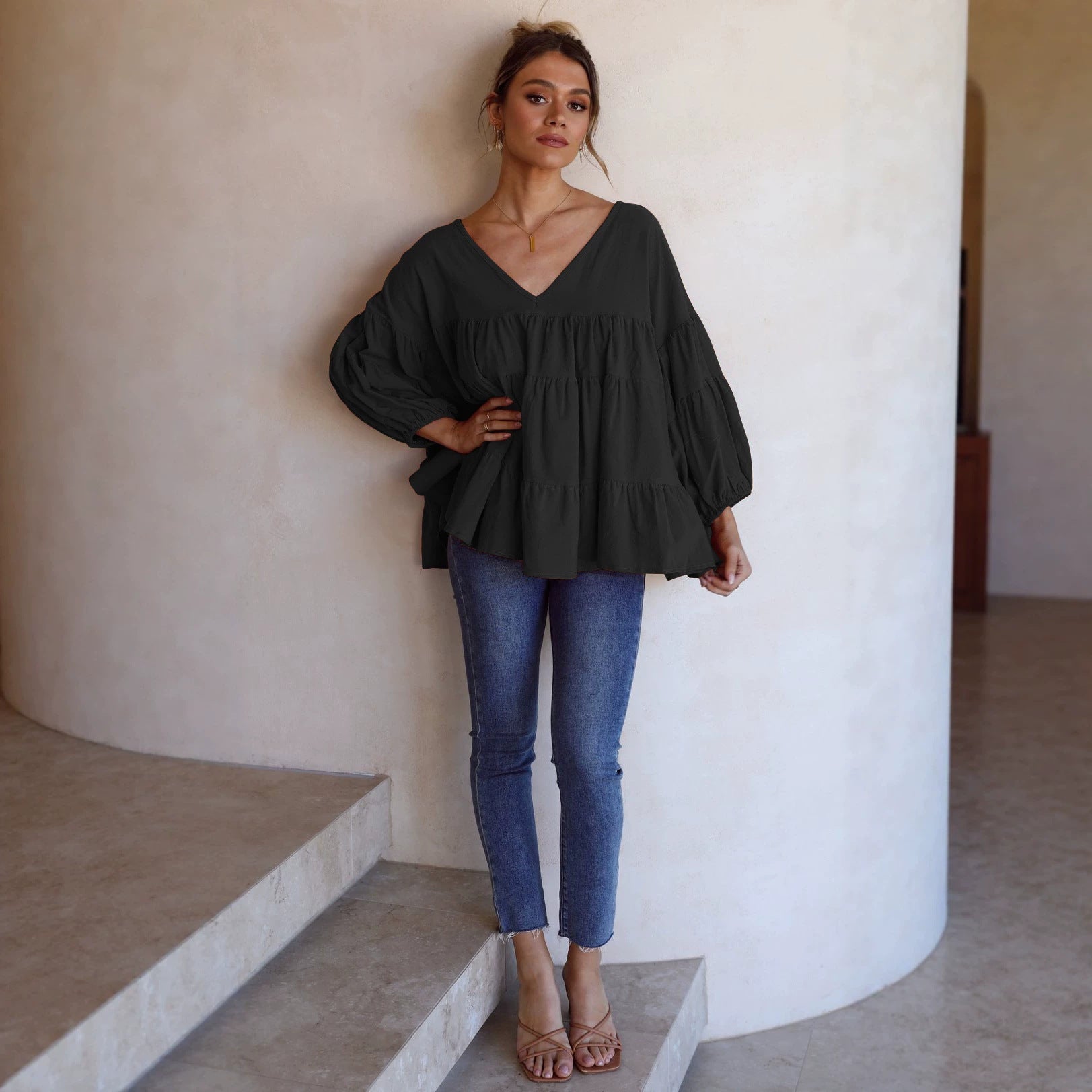 Manche en V Robe de patchwork en couleur unique