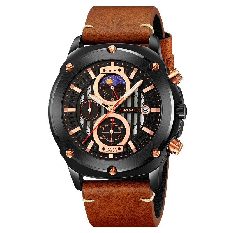 Montres de mode homme Tendance Ceinture homme montre trois yeux et six aiguilles montre Quartz