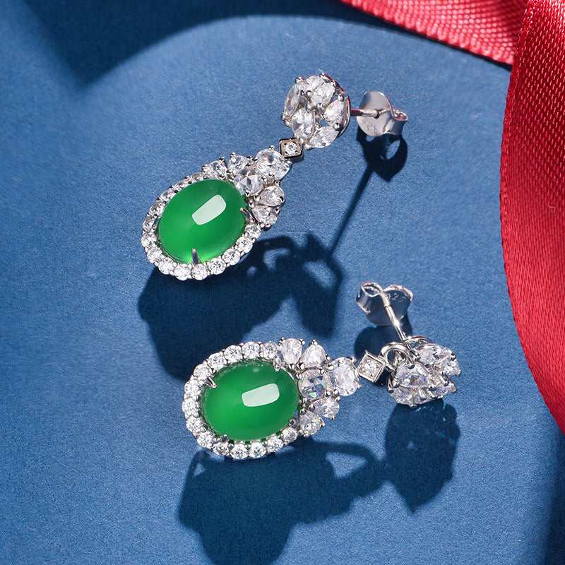 S925 Boucles d'oreilles en argent sterling Dangle 10x8mm Chrysoprase verte ovale
