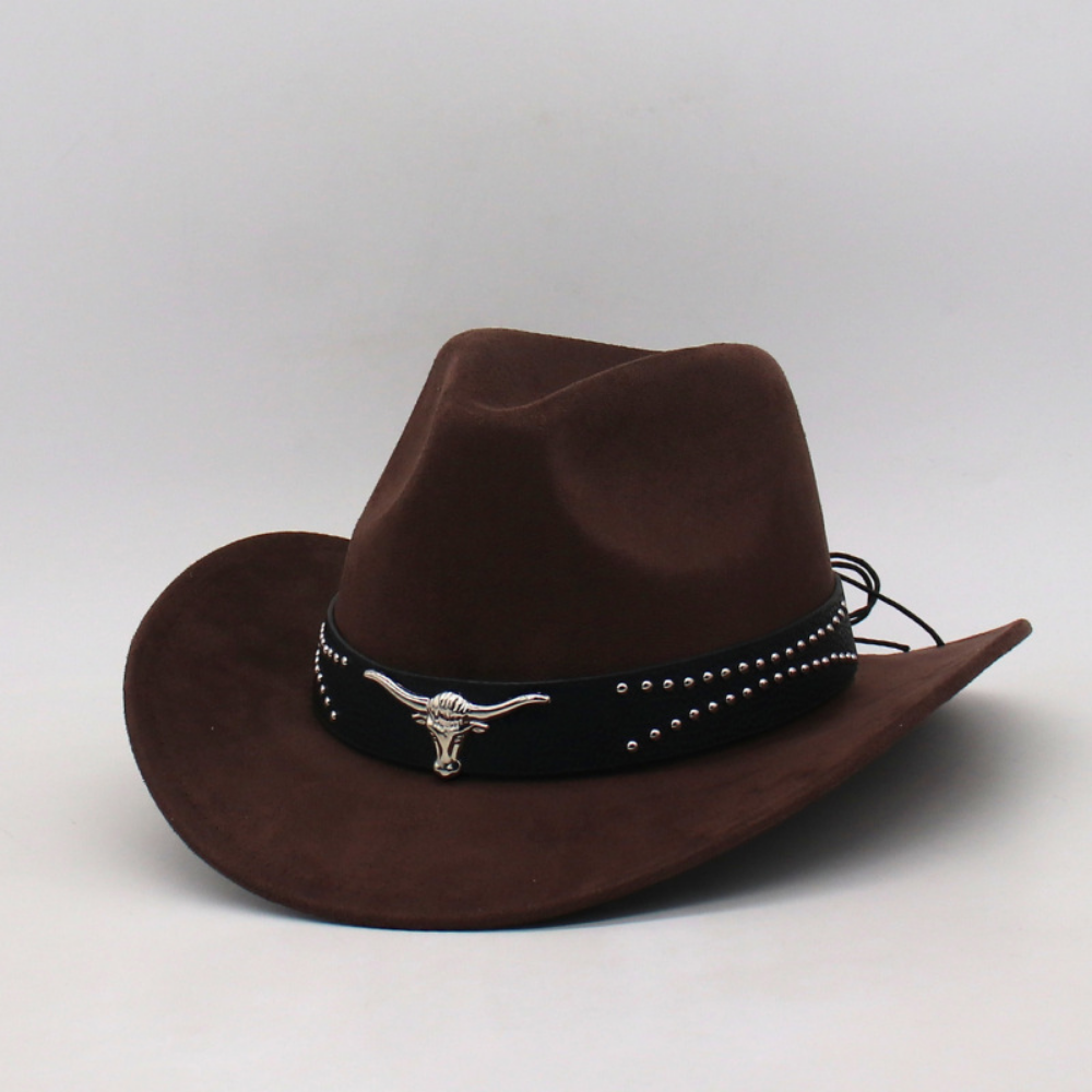 Chapeau rétro Western Cowboy avec boucles décoratives en corne - Casquette en cuir pour parents et enfants
