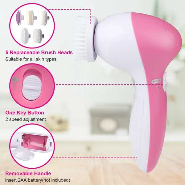 Brosse nettoyante pour visage éponge étanche avec 5 têtes de brosse pour