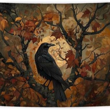 Halloween Noir Raven Sunrise Sunflower Tapestry