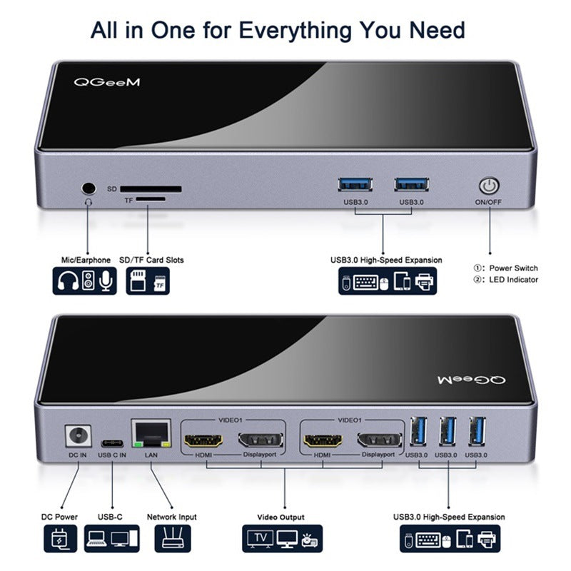 QGeeM 15in1 Type-C Multi-fonction DisplayLink Station d'accueil unique 5K Dual 4K Multi-syst