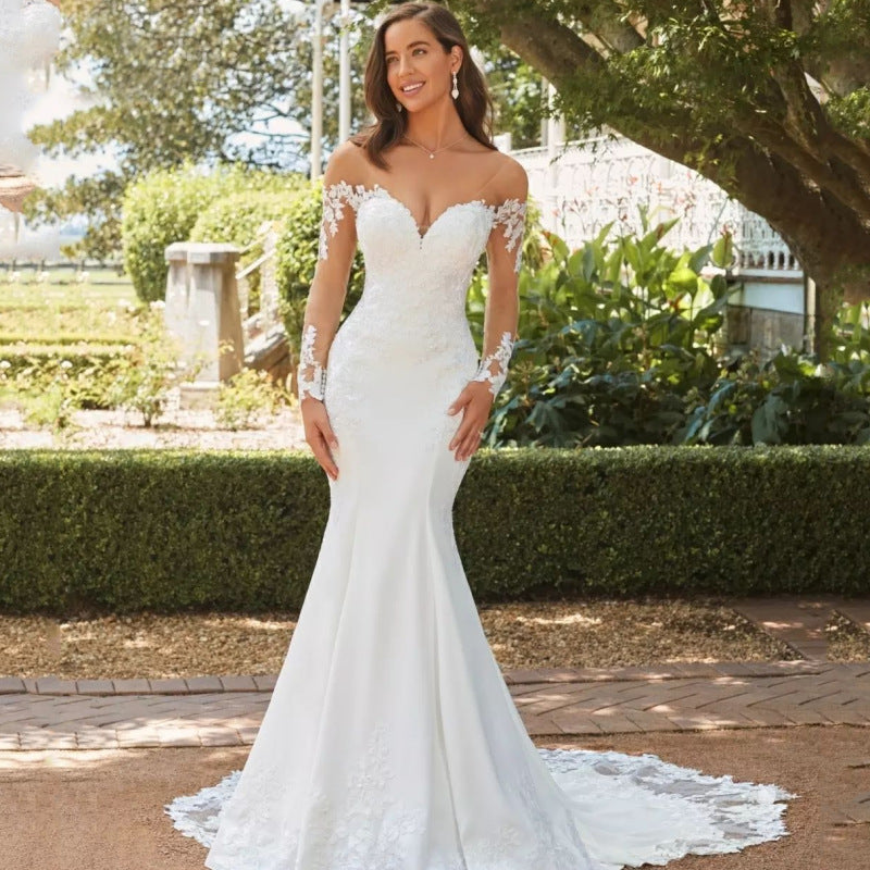 Robe de mariée à queue de poisson sans dos manches longues