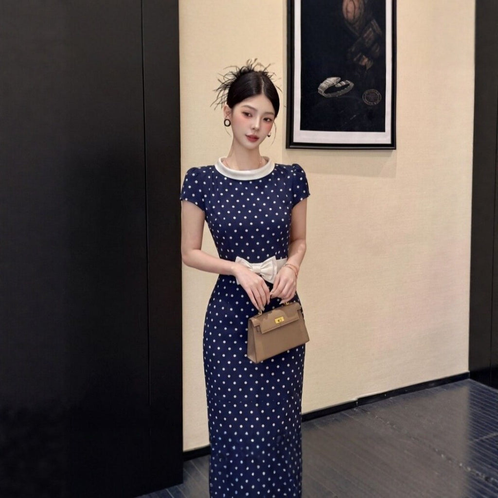 Retro Couleur-bloc Collier Polka-dot Robe longue