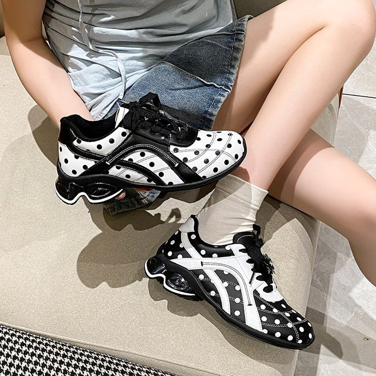 Femmes Polka Dot Air Coussin Sneakers Noir Blanc Couleur Bloc Patchwork Haut Rond Toe Sho