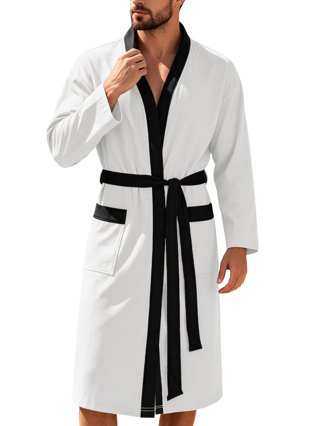 Hommes Twill Terry Cloth Casual Robe longue avec deux poches et cordon de serrage