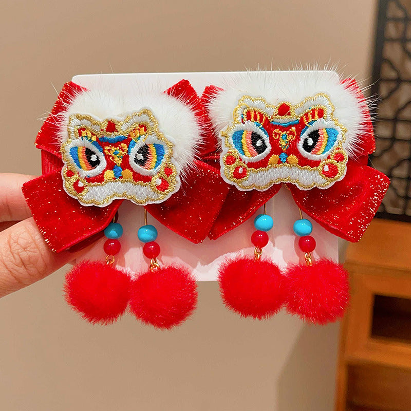 Style chinois Lion danse Bow-tie Tassel Pom-pom Clip cheveux pour les enfants
