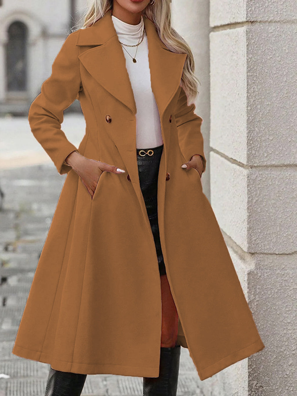 Femmes Lapel de couleur unie Casual Double-breasted Long Trench Coat