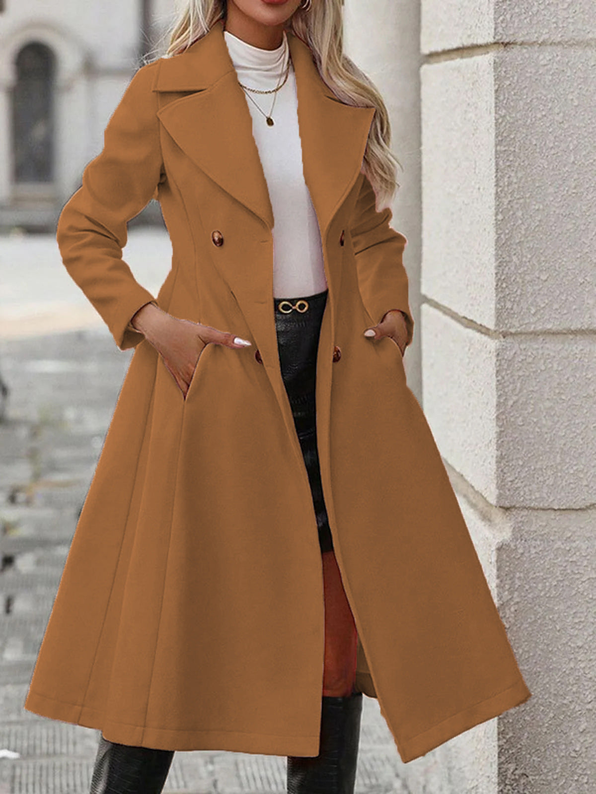 Femmes Lapel de couleur unie Casual Double-breasted Long Trench Coat