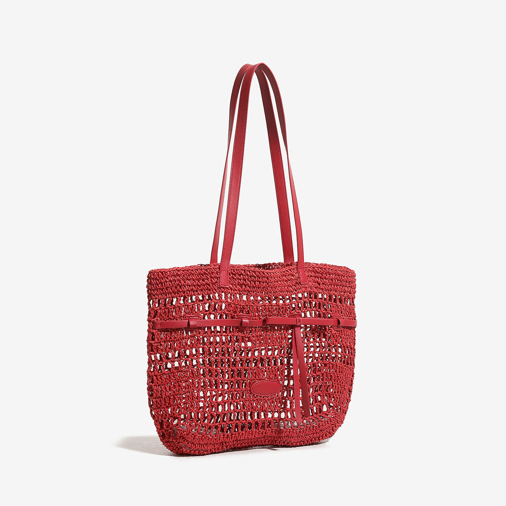 Niche-design Woven Bag Hollow-out Mesh Tote in Red