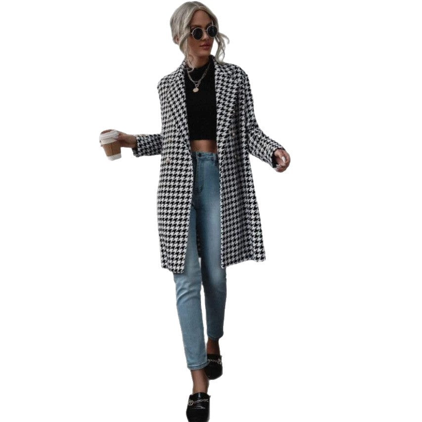 Amazon AliExpress Automne et hiver Mode Houndstooth Imprimer long manteau de laine