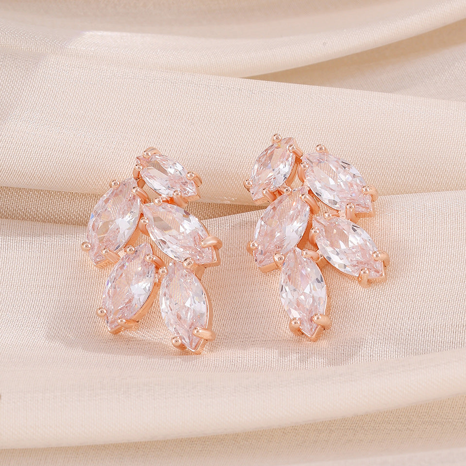 Women Marquise CZ Cluster Stud Earrings, Multi Leaf Shape Clear Cubic Zirconia Rose Gold Plated Bridal Ear Jewelry