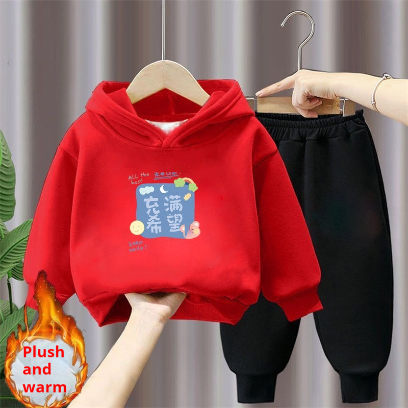 Ensemble de deux pièces à capuche et à sweatpants rouge festifs de style chinois doublé de polaire