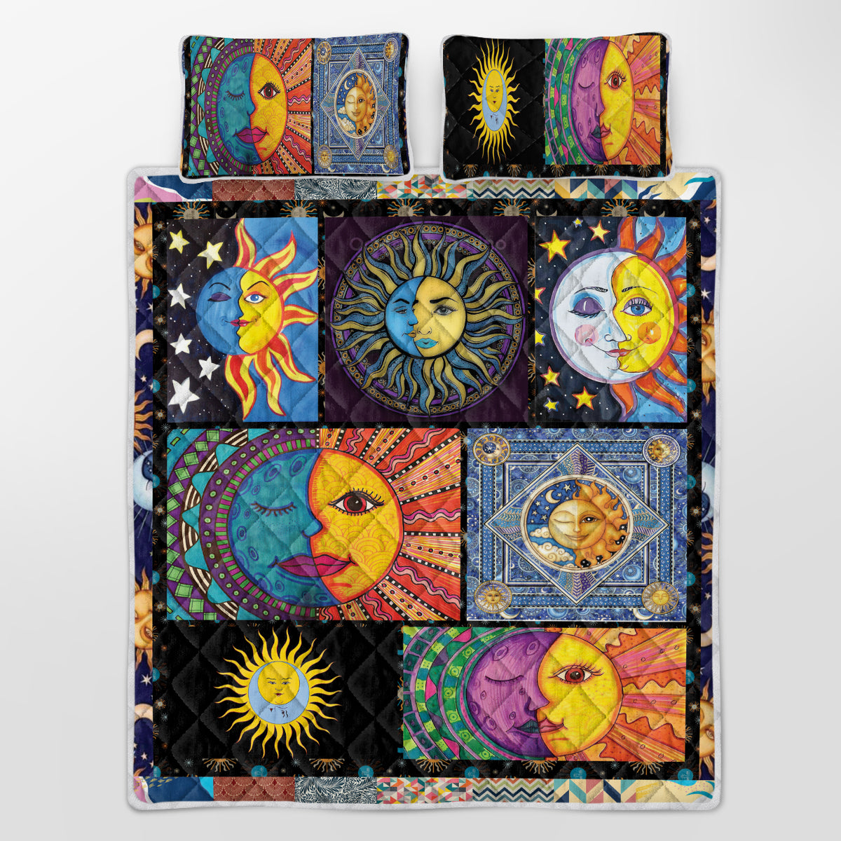 Bohemian Sun Moon Pattern Quilt Set Microfiber Soft Lightweight Portable Psychedelic Design