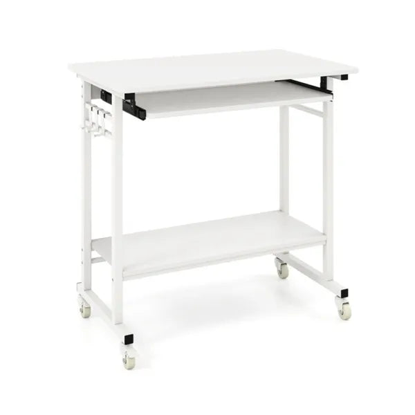 Bureau d'ordinateur mobile blanc avec plateau à clavier et plateau de stockage