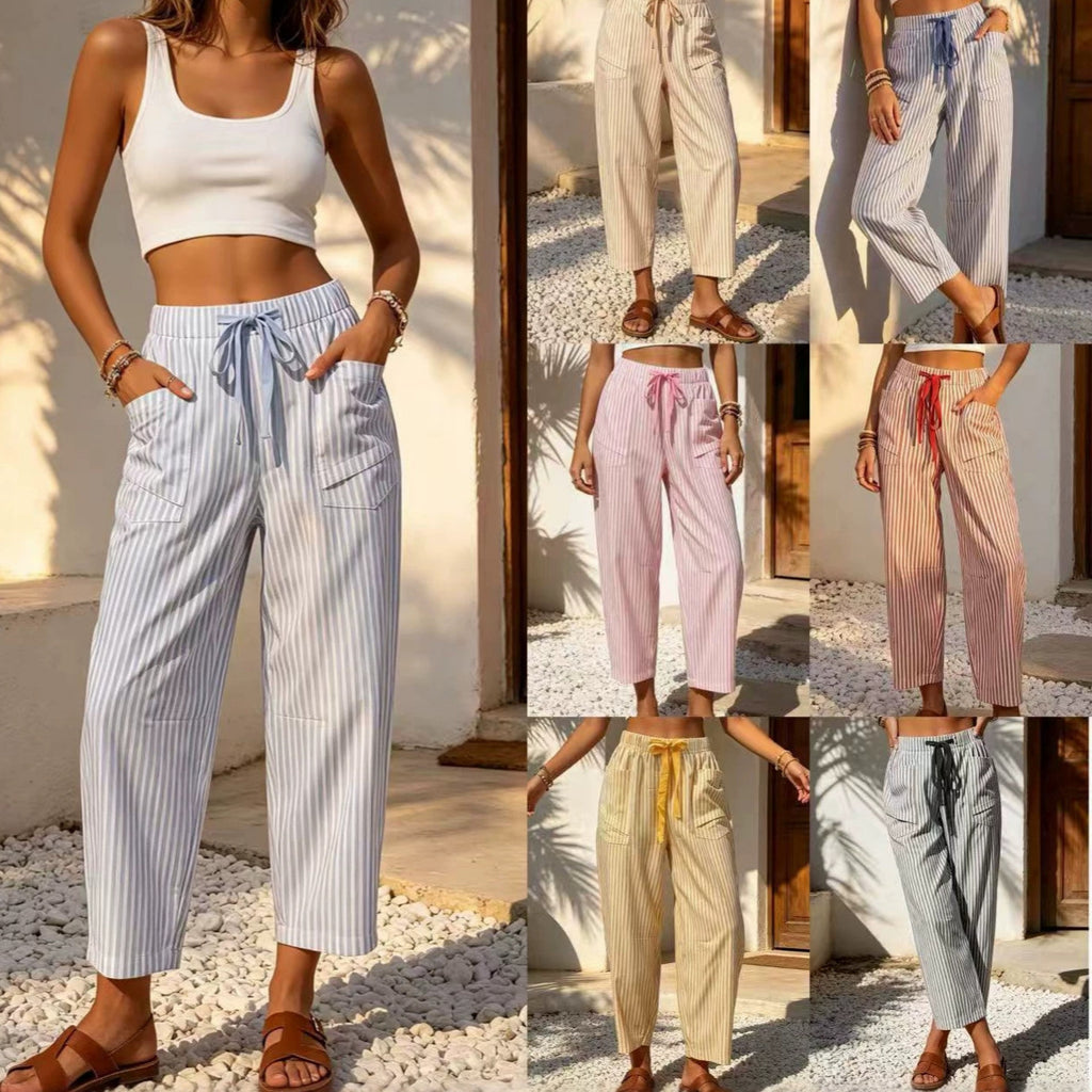 Pantalon pour femmes à poil élastique à imprimé rayé occasionnel
