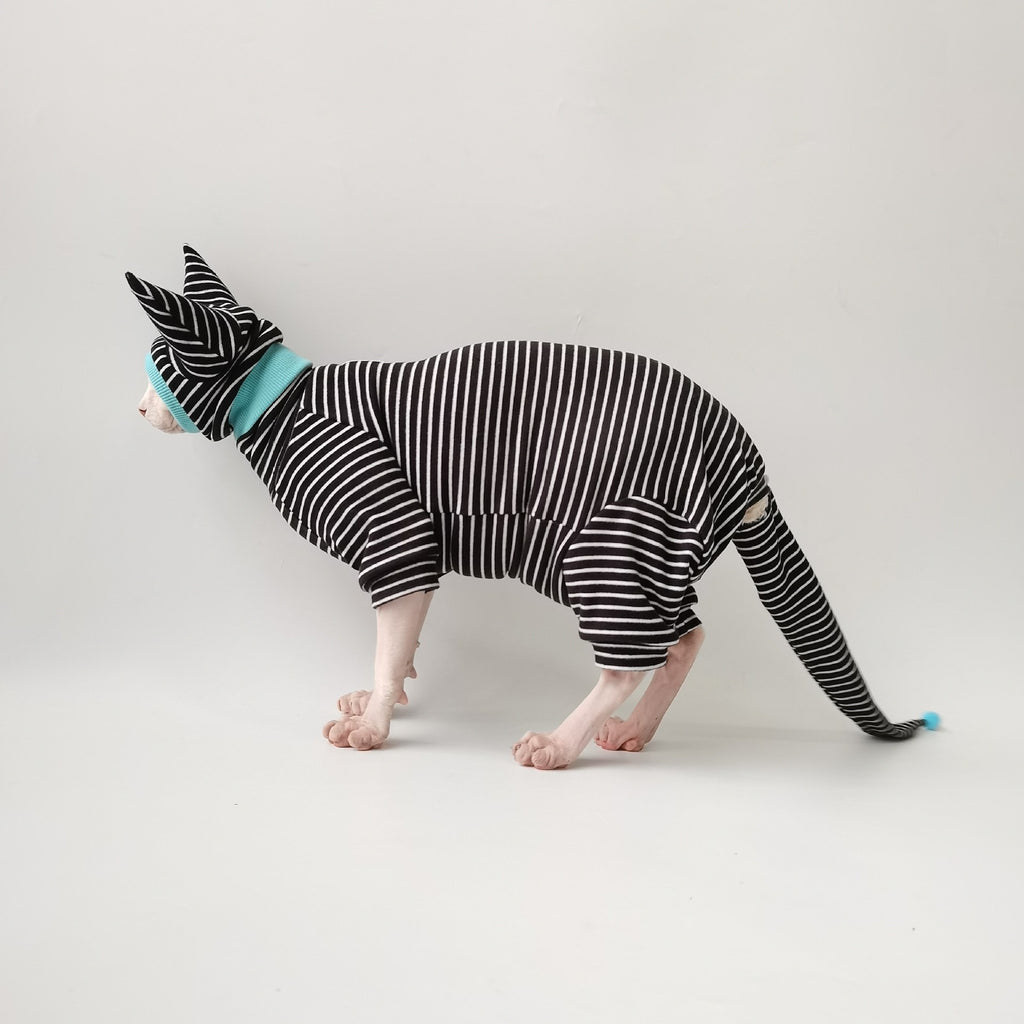 Sphynx Chat Pyjamas rayé Quatre vêtements à pattes avec queue et chapeau