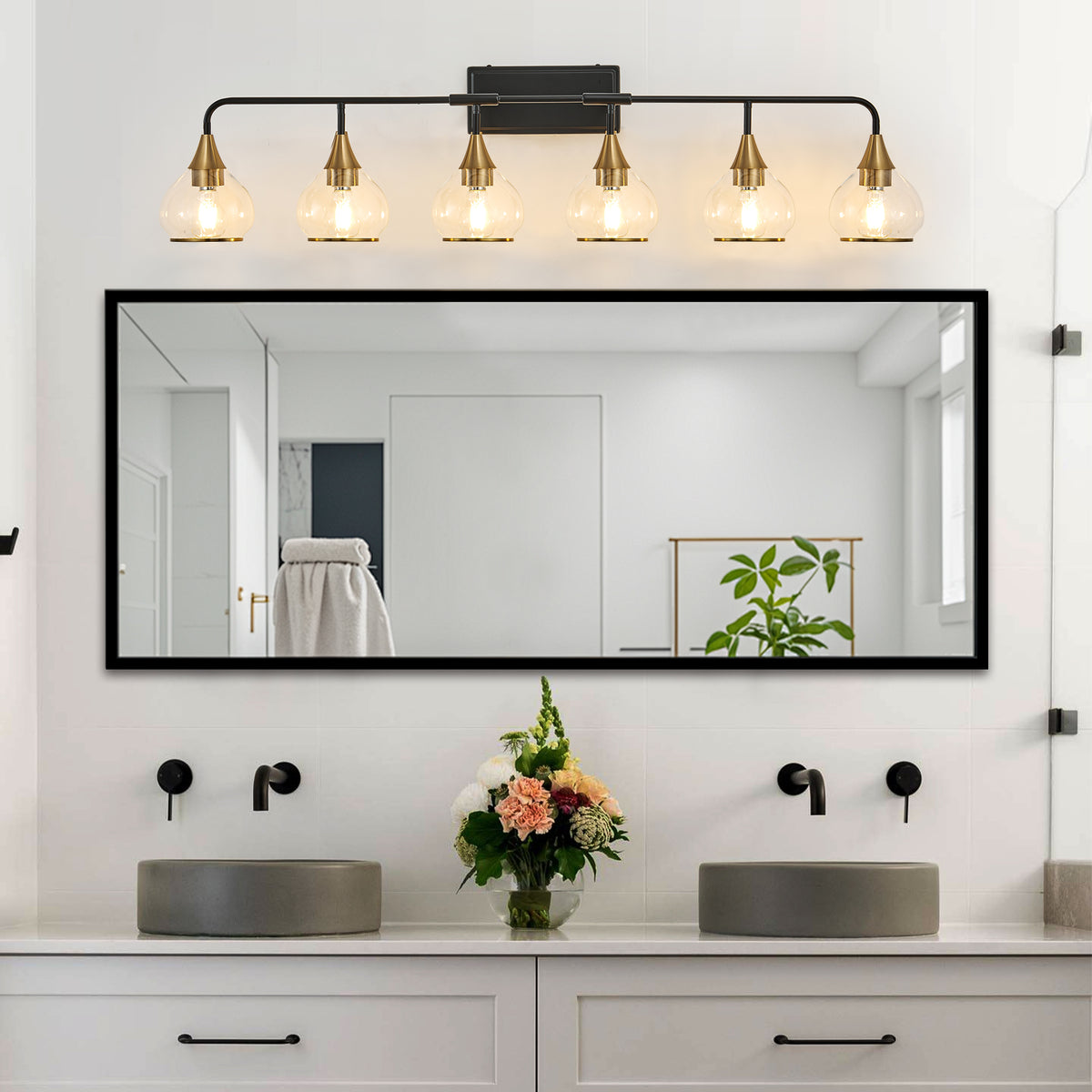 48" moderne 6 lumière Vanity Wall Sconce - Noir et or luminaire de salle de bains avec clair G
