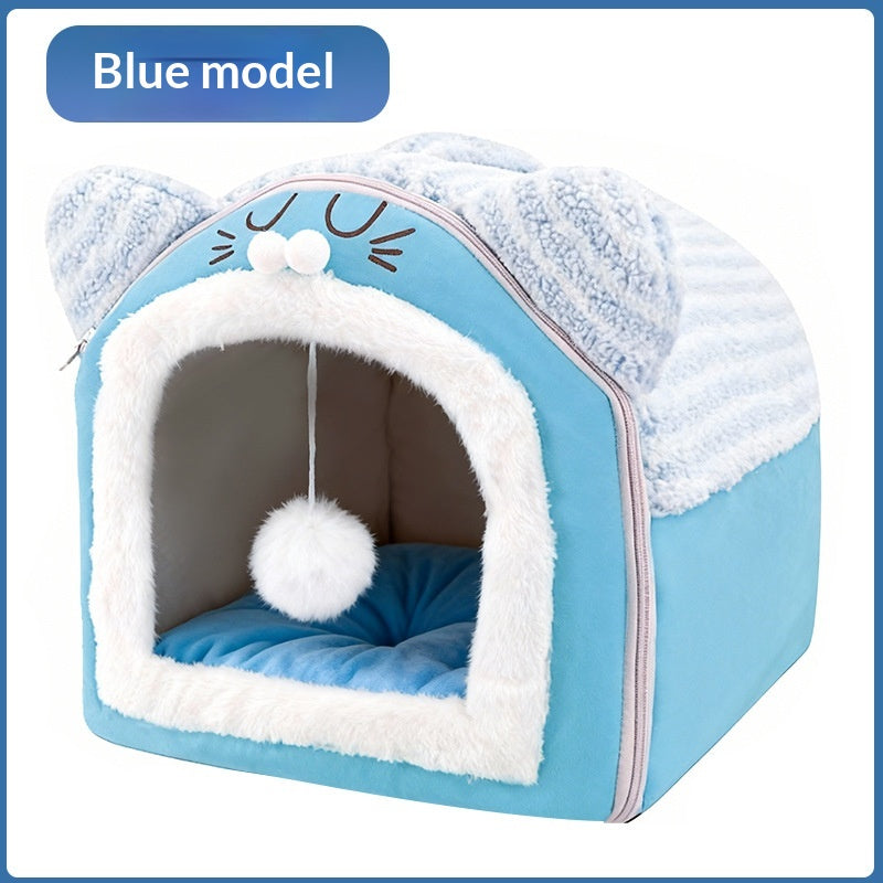 Warm, removable, washable plush pet bed with full enclosure