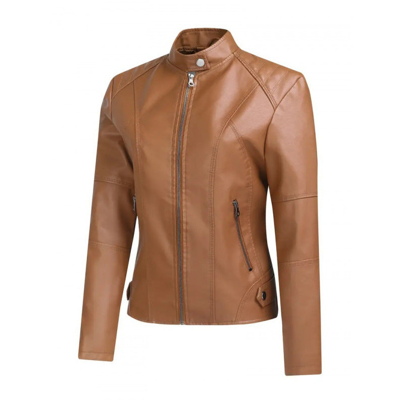 Women's Washed Leather Short Fashion Zip Jacket