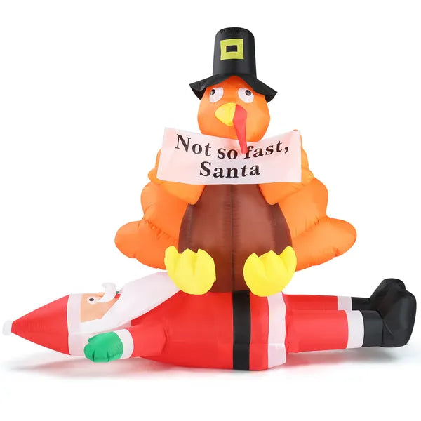 4.9 FT Lighted Christmas Inflatable Decoration, Inflatable Turkey Sitting On Santa Claus, Funny Blow Up Yard Decorations With Built-in LED Lights For