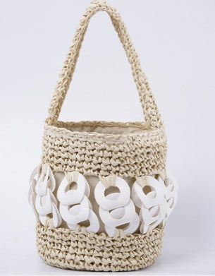 Crochet de main de monnaie de cuivre bouton sac seau Straw Woven Purse