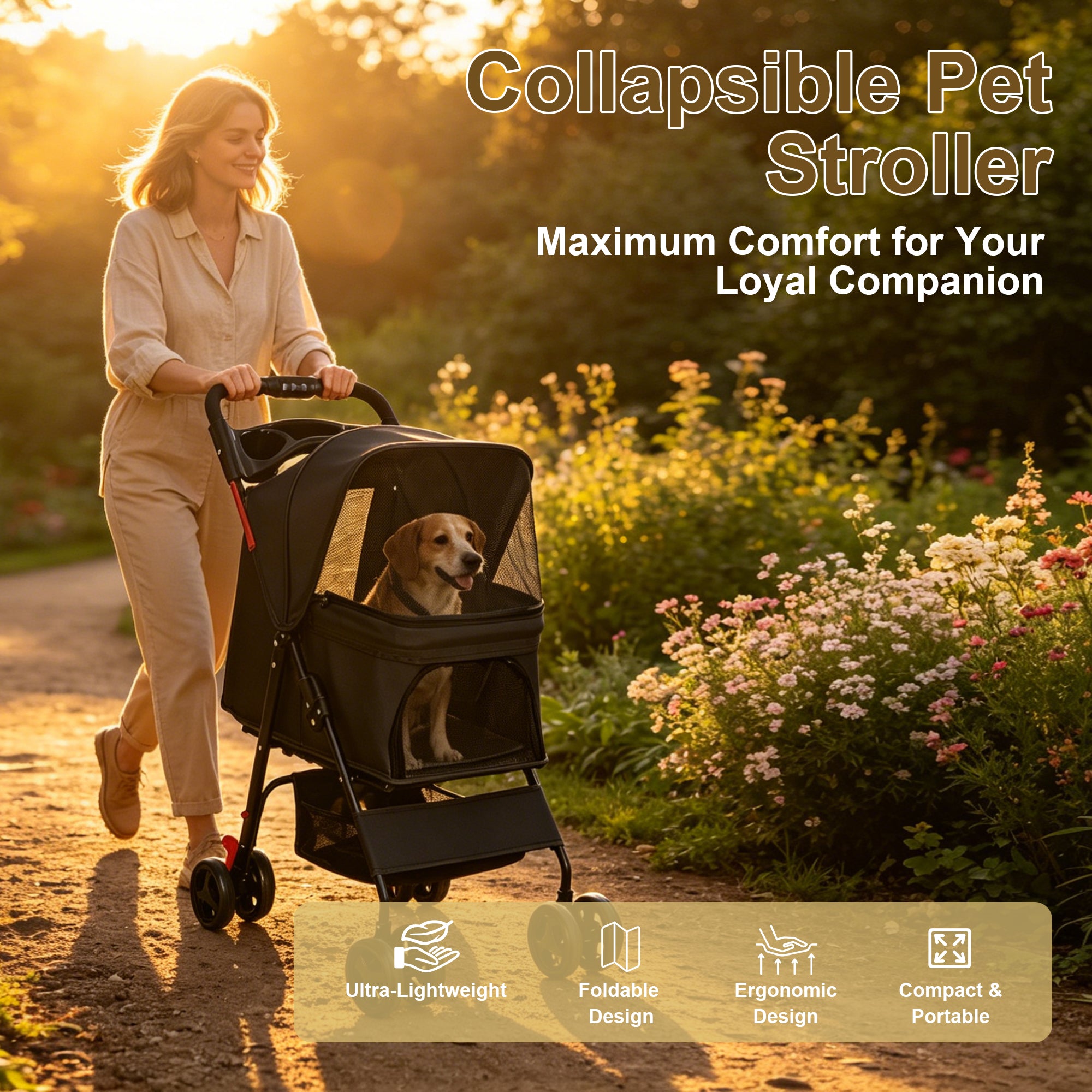 Poussette pliable pour petits chiens et chats de moins de 28 lb avec plateau multifonctionnel