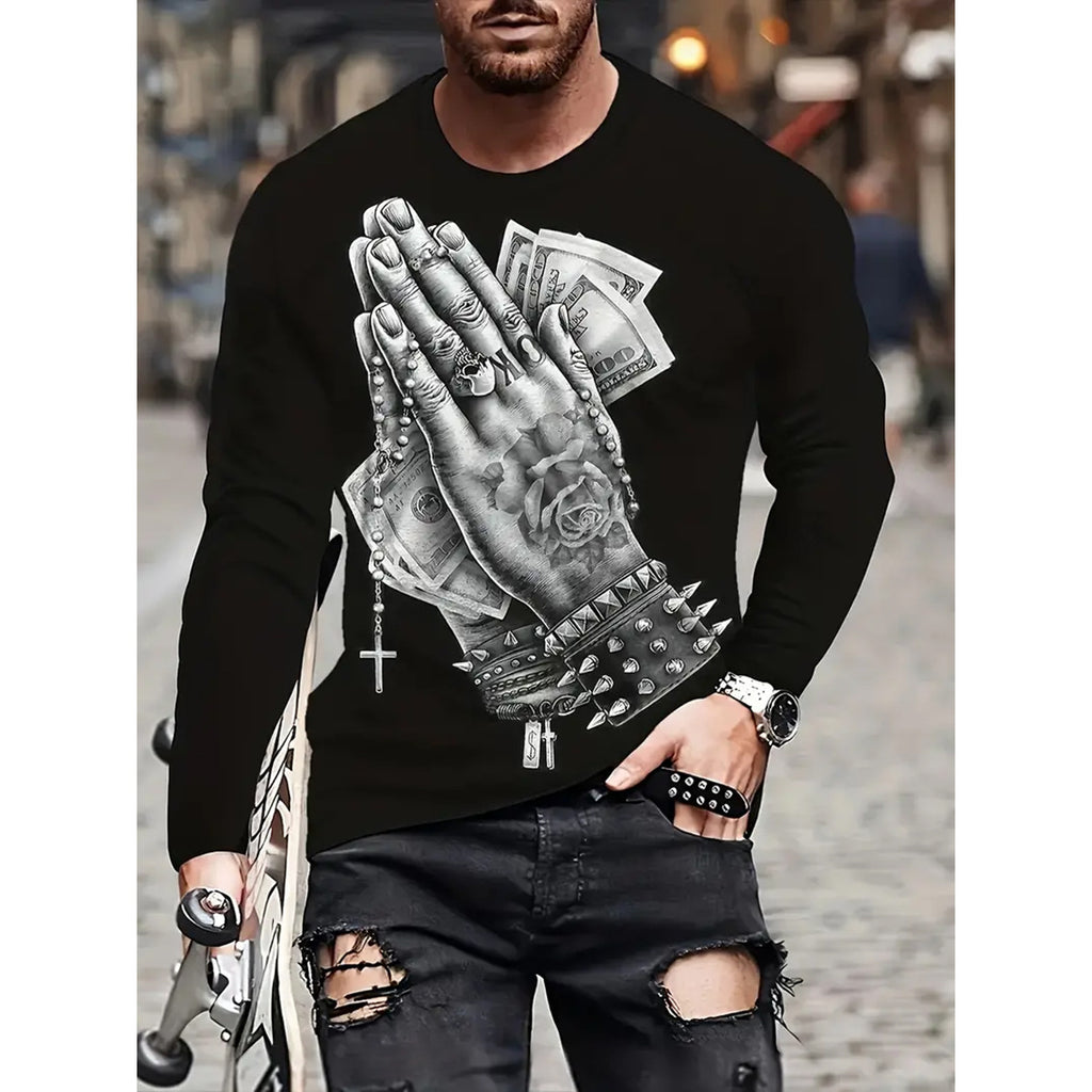 T-shirt retro homme 3D Imprimé Street Hip-hop Col rond Col rond Manches longues