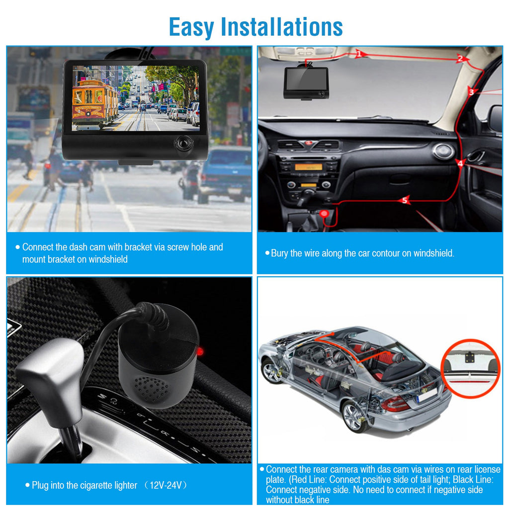 1296P Voiture DVR Dash Camera 4En 3 Lens Vehicle Drive Recorder Enregistrement sans couture