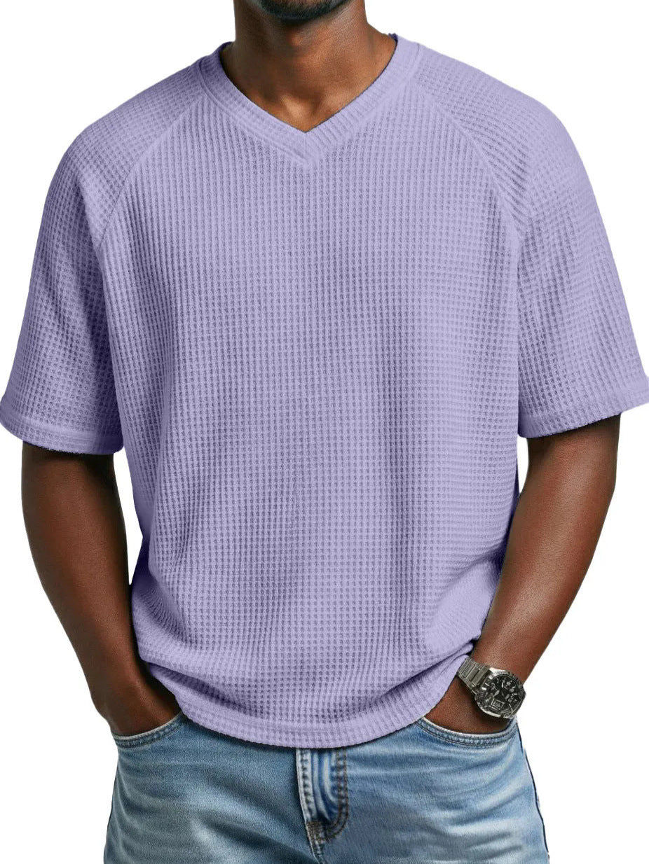Hommes S Mode Waffle tricot côtelé manches V cou manches courtes T-shirt pour le transport quotidien