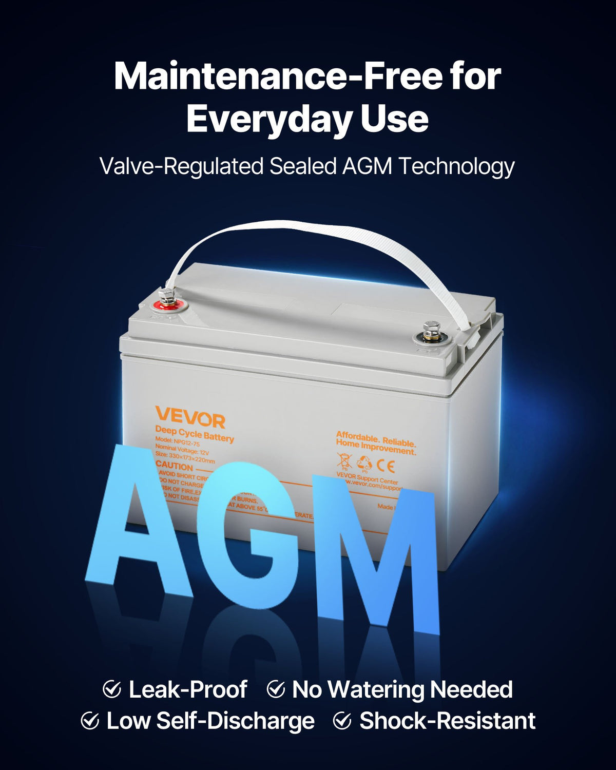 12V 75Ah Sealed AGM Deep Cycle Rechargeable Acid Mobility Battery