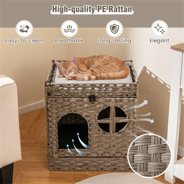 Condo de chat Wicker 2-Tier avec litière - boîte à litière cachée