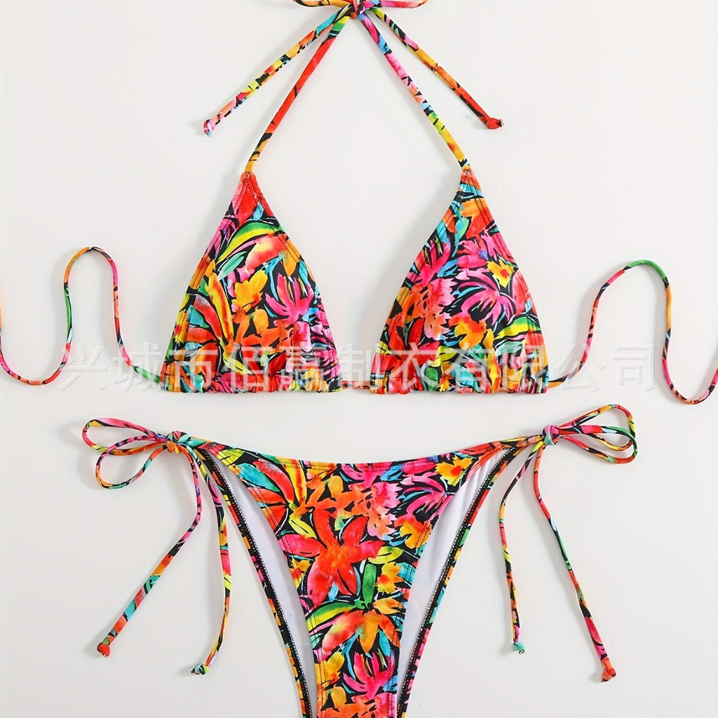 Femme Floral Imprimer Halter-Neck Dentelle-Up Sexy Bikini