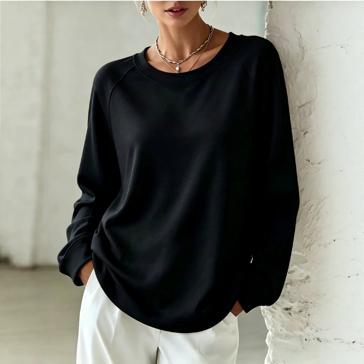 Doucement coloré Loose-fitting Col rond Casual à manches longues Hoodie féminine