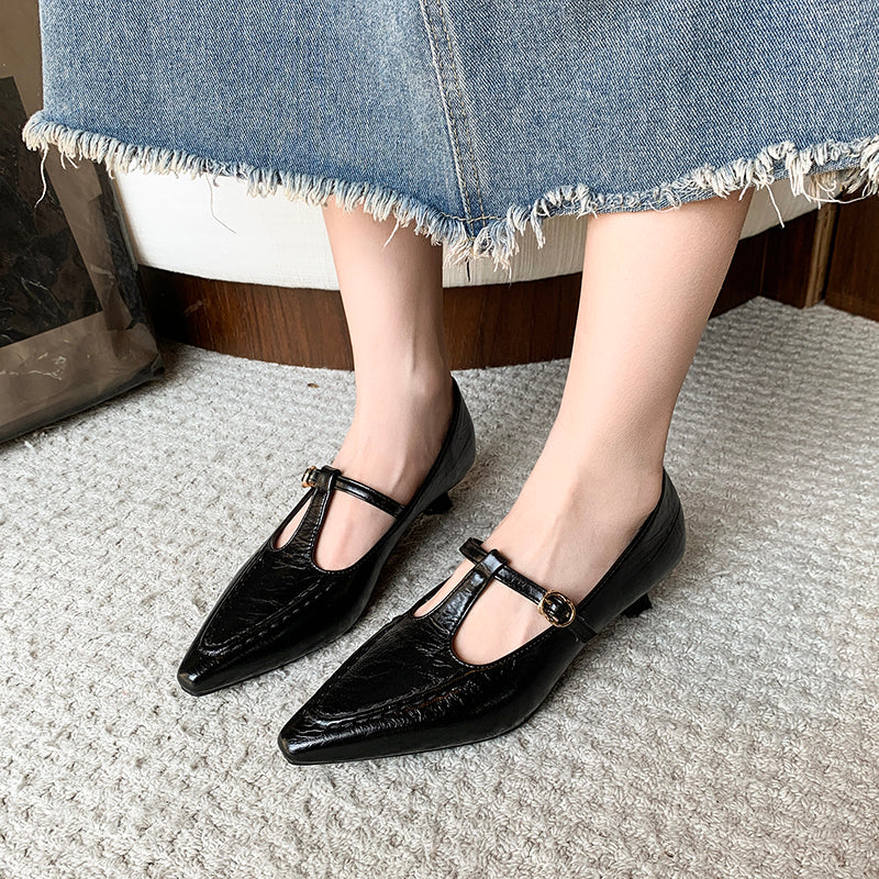 Women's Vintage French Riveted Leather Kitten Heel Pumps