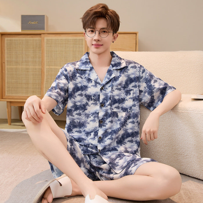 Hommes Summer Cardigan Ice-silk Manches courtes Top et shorts