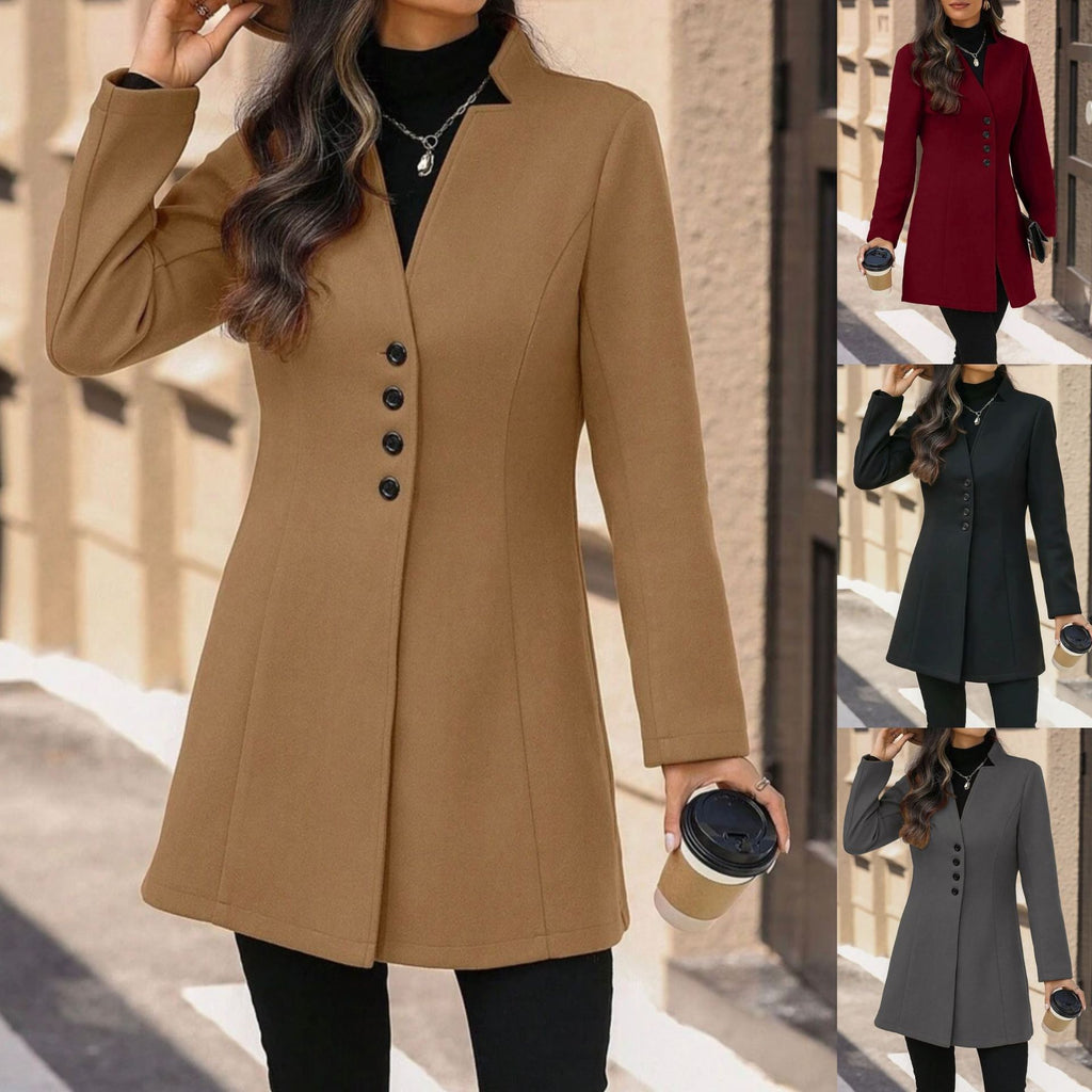 Élégante laine Stand-collar Trench Coat Style mi-long pour les femmes