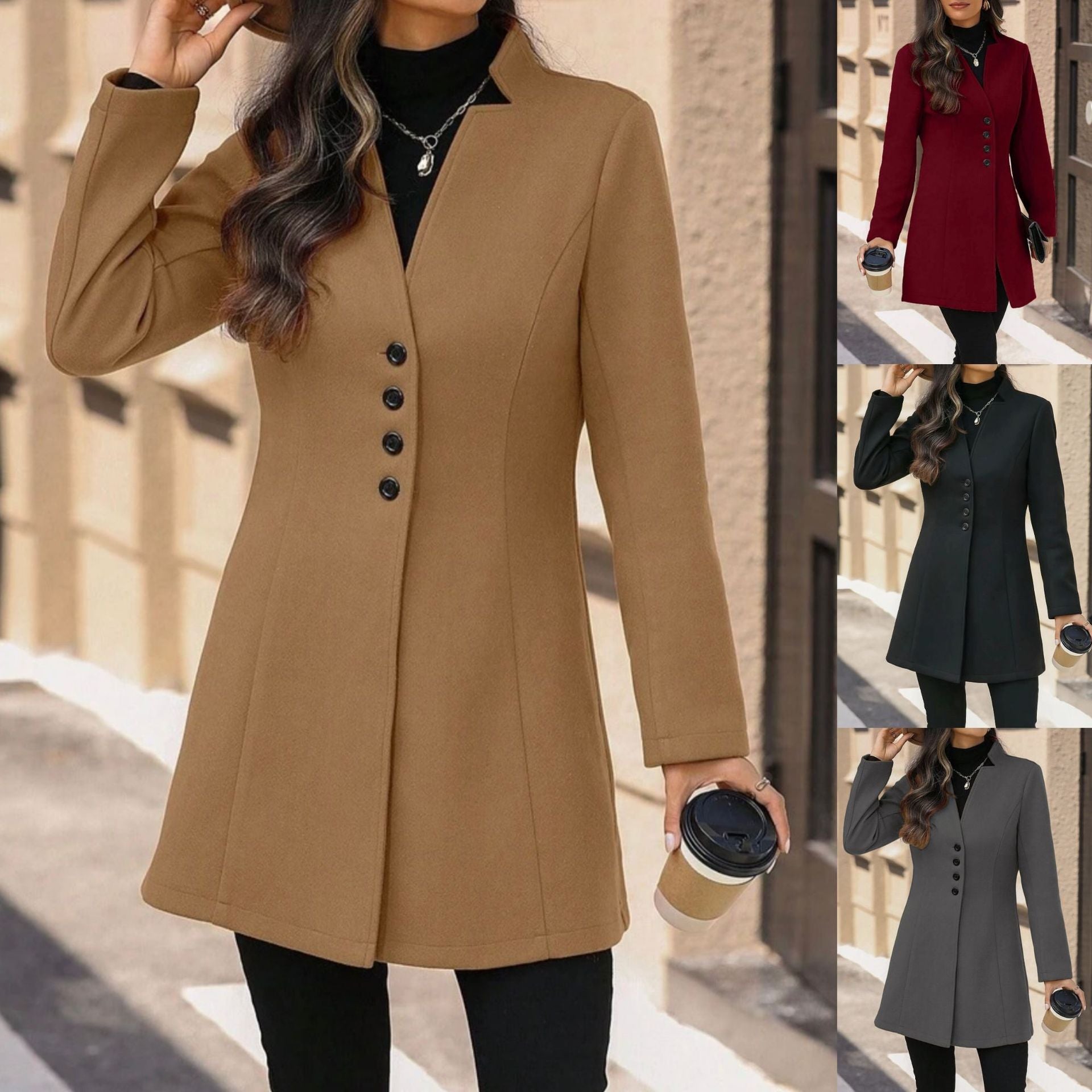 Élégante laine Stand-collar Trench Coat Style mi-long pour les femmes