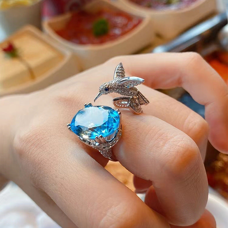 En ligne Celebre Live Selling Simulation Aquamarine Topaz Cummingbird Ouvrir Anneau Femmes Haut