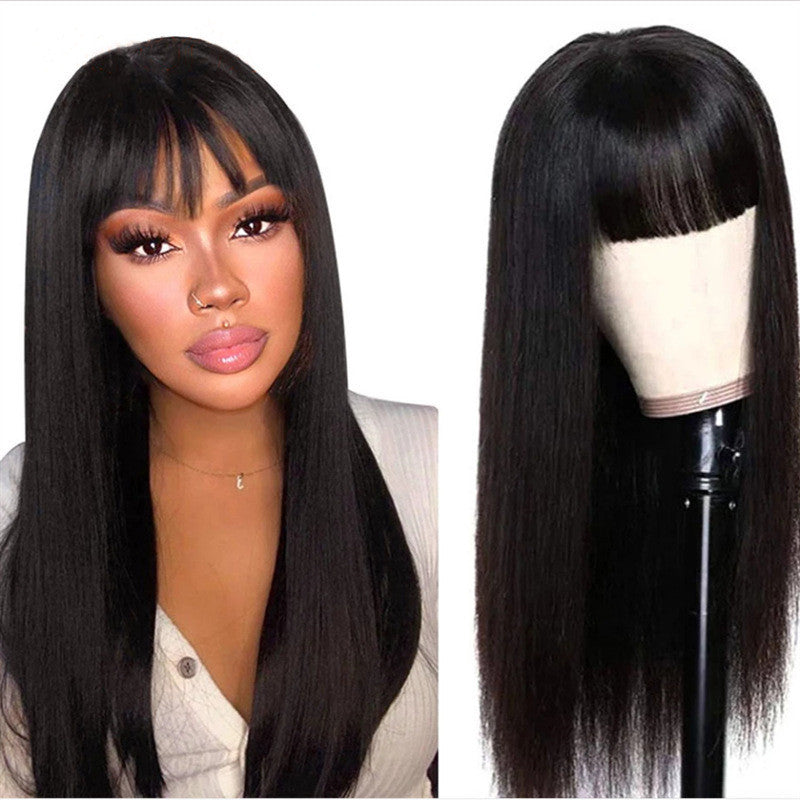 Perruque synthétique longue droite pour femme avec des bangs - Machine à fibre thermorésistante fabriquée en pile à cheveux