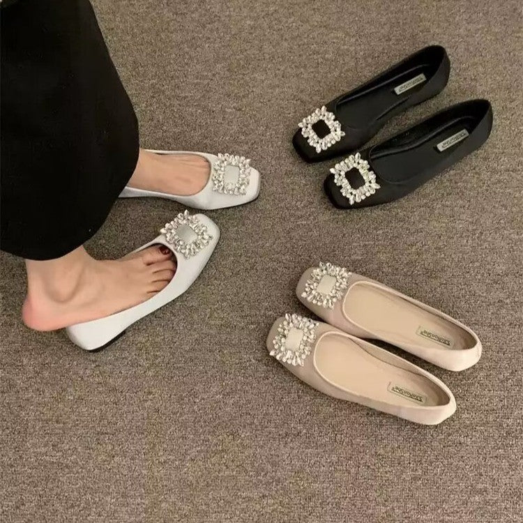 Femmes Sparkling Square Strass Buckle Square Toe Flats Loafers