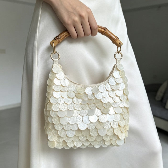 Sac à main à paillettes métalliques en bambou pour femmes
