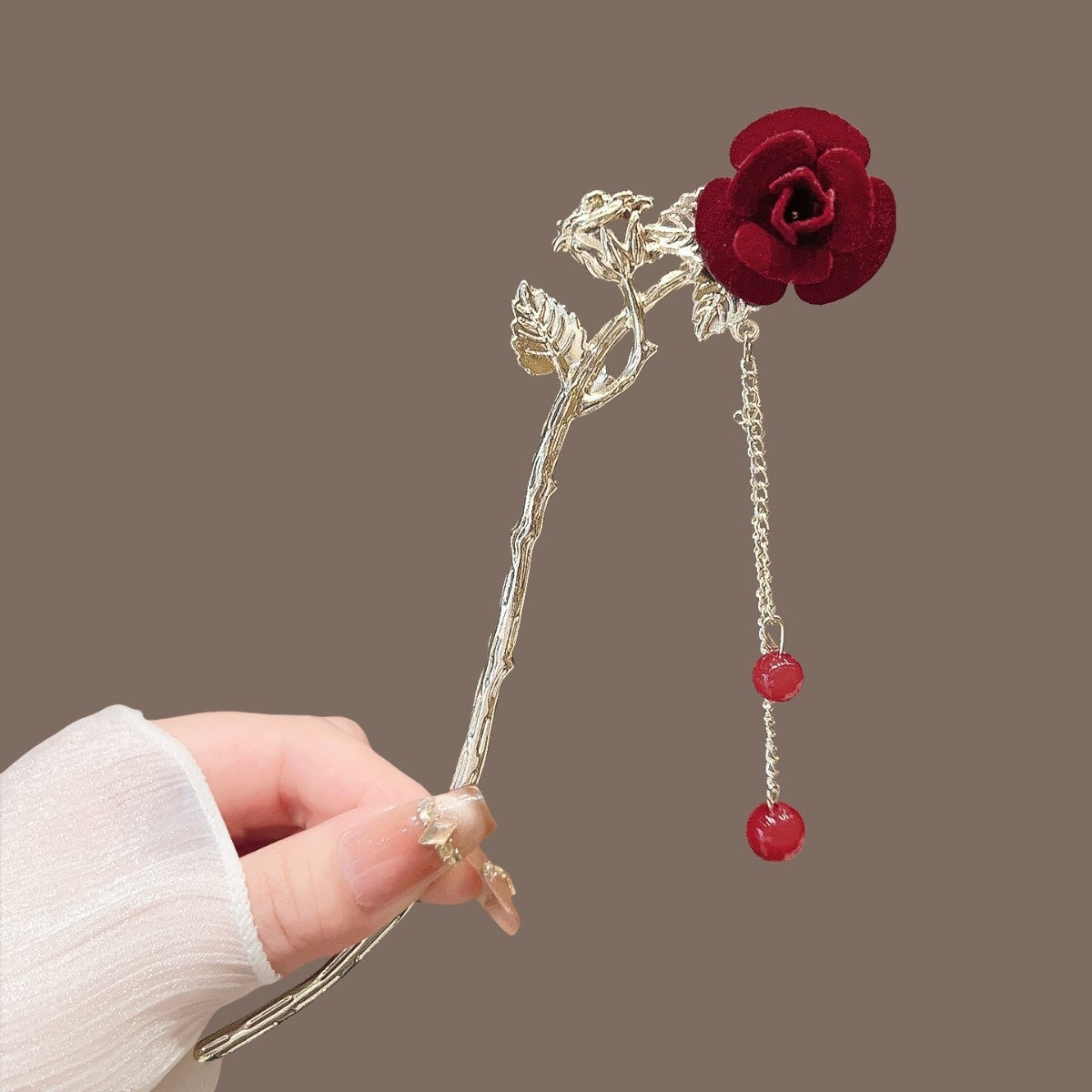 AutumnWinter Flocked Red Flower Hair Stick for Women Ma Mian Style