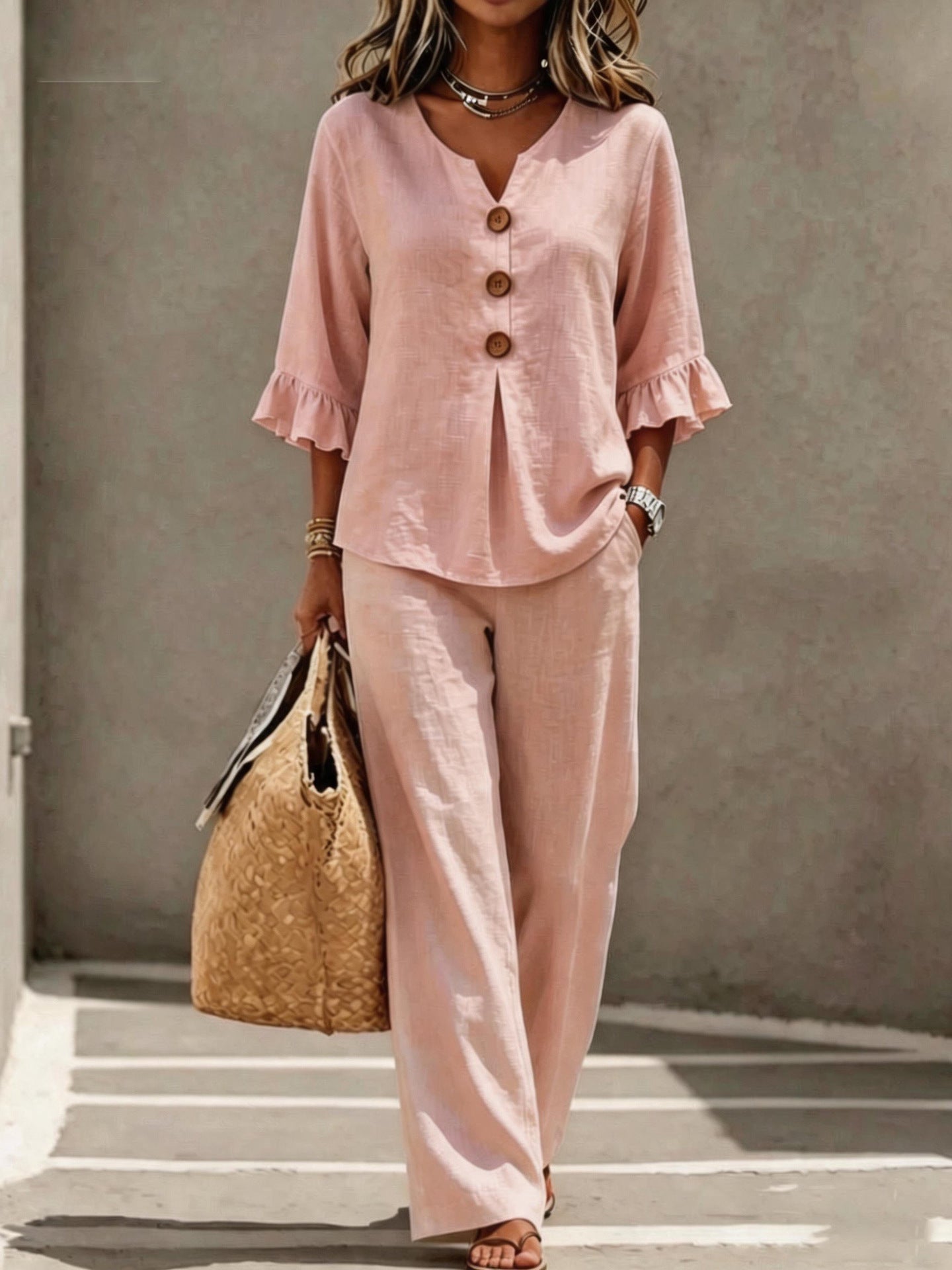 Arrivée des femmes Bouton occasionnel-Down V-Neck Rufflé trois quarts de manche supérieur et pantalons deux-P