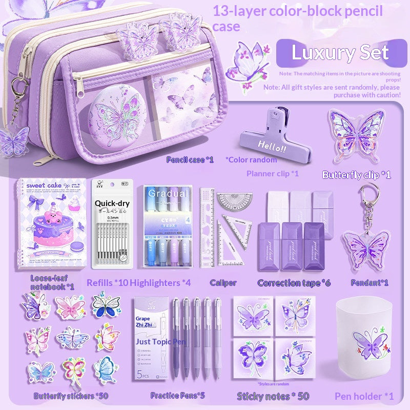 Ensemble de boîtier en crayon violet papillon de grande capacité