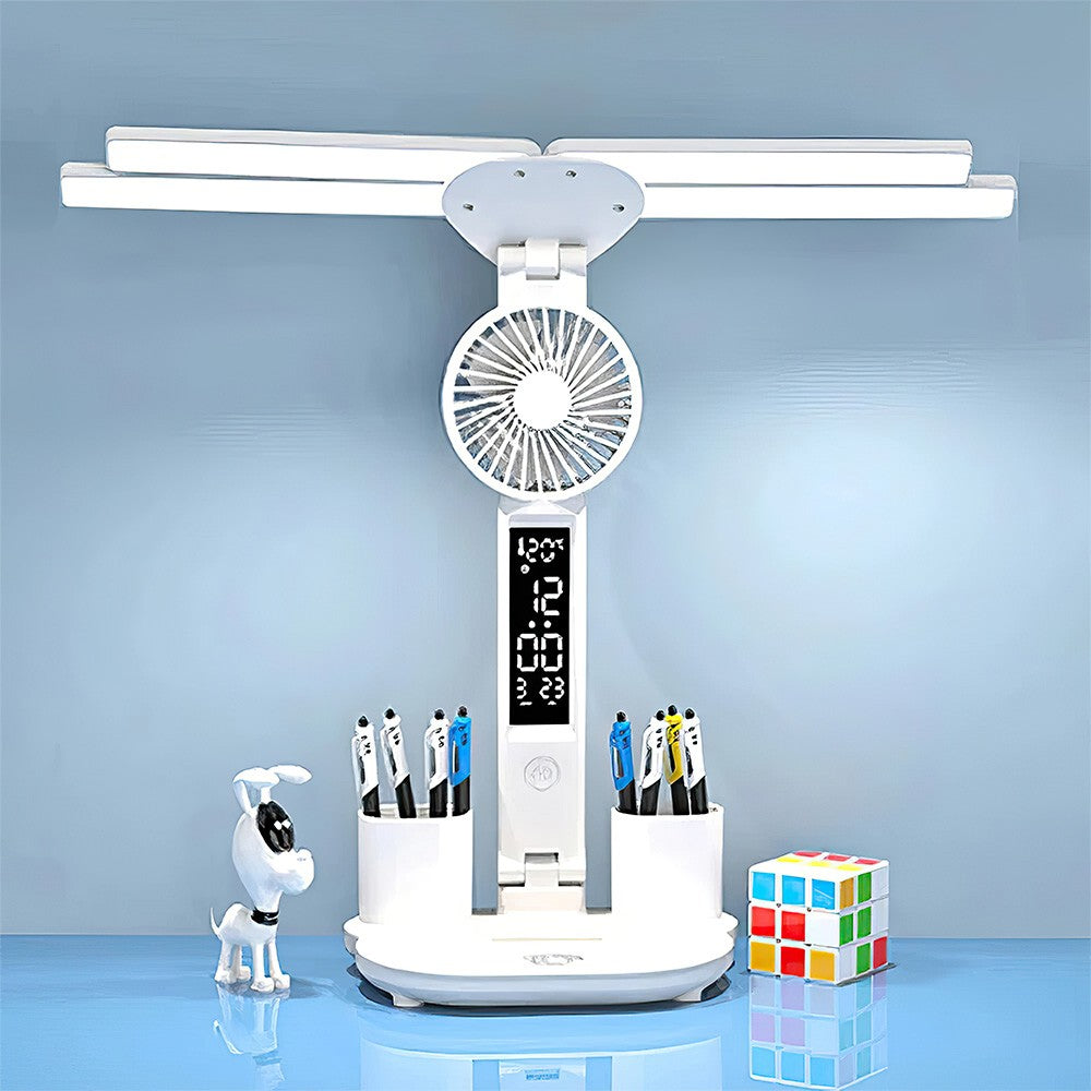 Lampe de lecture de bureau LED 4 têtes avec horloge d'éventail réglable lampe tactile rechargeable