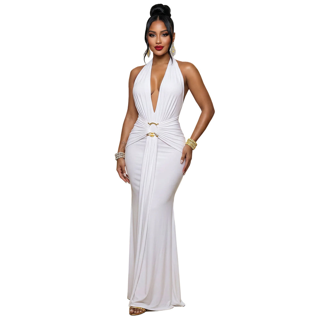 Robe de soirée pour femmes Halter Deep V Ruffled Sirène